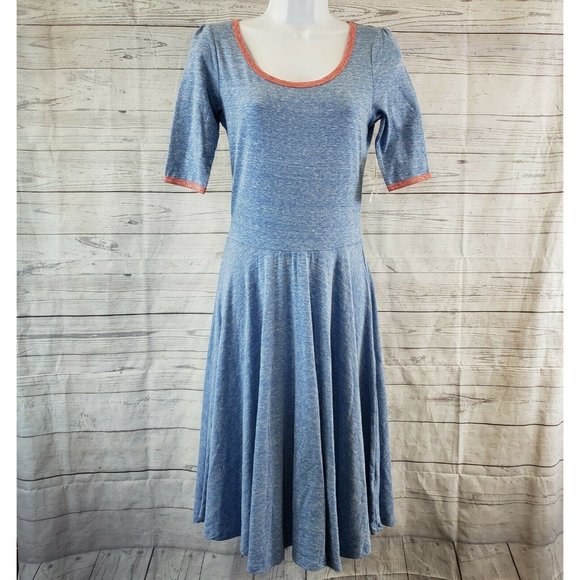 LuLaRoe Womens Nicole Dress Sz Small Heathered Blue Red Trim - Picture 1 of 4